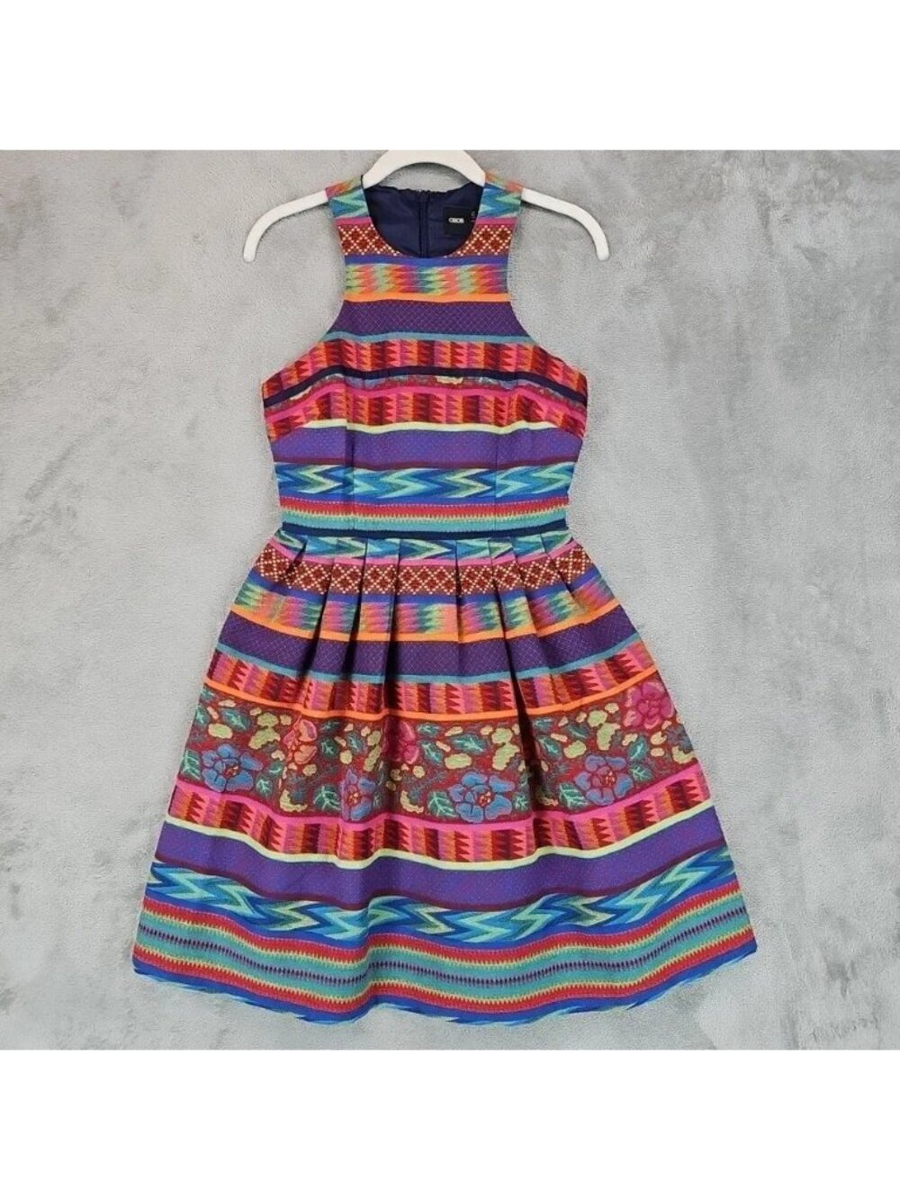 ASOS Dress Womens 4 Multicolor Striped Jacquard High Neck Fit & Flare Mini